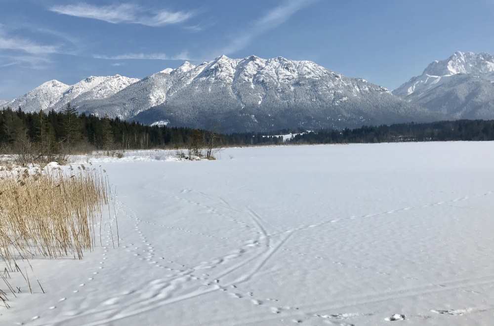 Und das ist dein Blick über den winterlichen Barmsee - hinten das Karwendel 