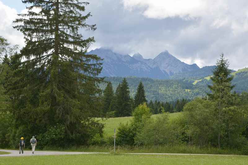 Das ist der Wanderweg von Krün zum Barmsee, hinten die Berge