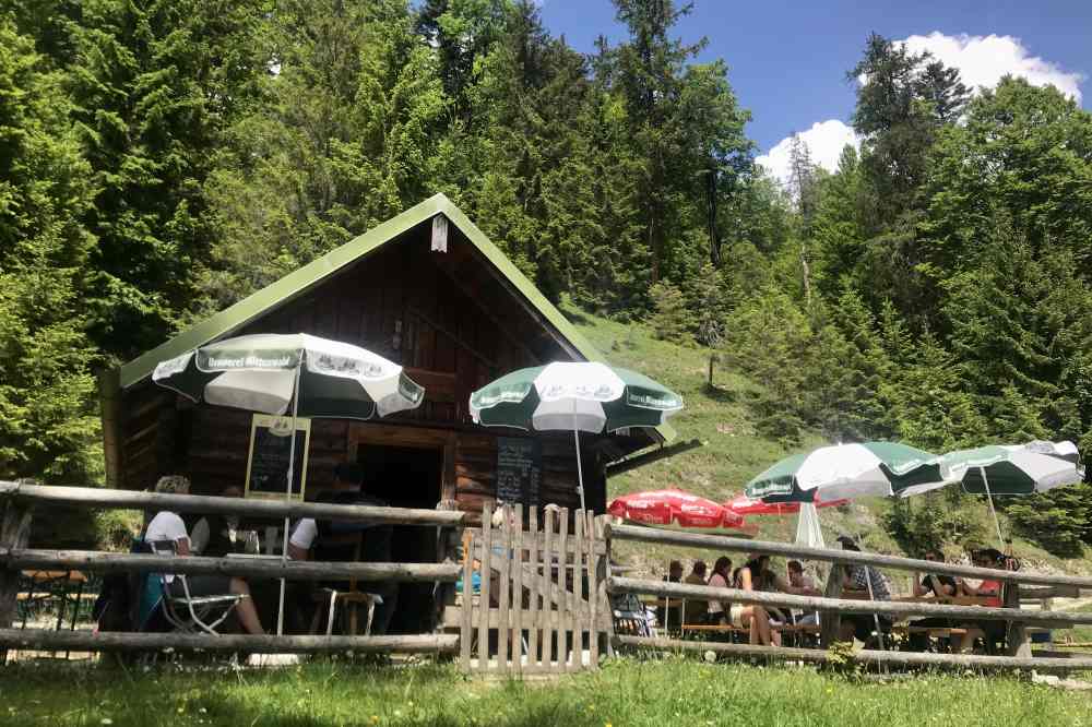 Das ist die alte, urige Finzalm - umgeben von Sonnenschirmen und Bierbänken