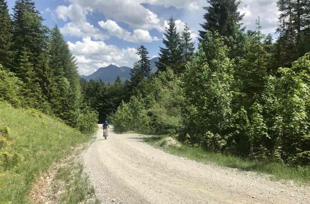 Das ist der Weg zum Mountainbiken auf die Finzalm - hinten das Karwendelgebirge