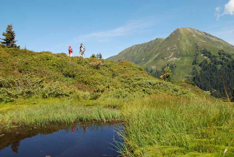 Auf dem Gamsstein wandern in den Tuxer Alpen, entlang der kleinen Moorseen