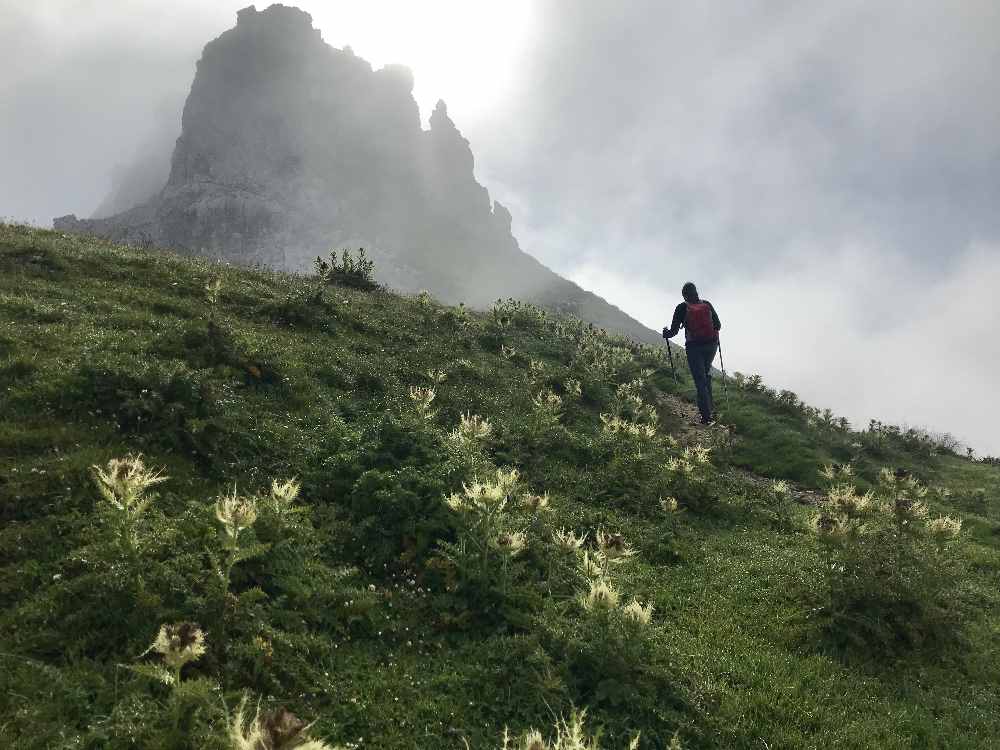 Je näher wir zur Gehrenspitze wandern, desto dichter der Nebel