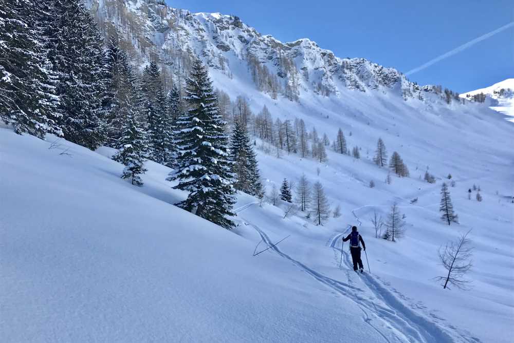 Oberhalb von der Falkenmoosalm geht die Skitour in das freie Almgelände im Karwendel