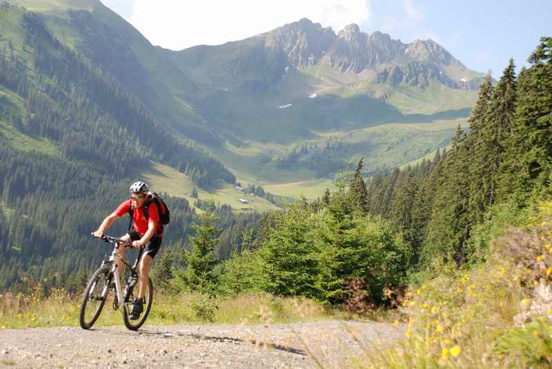  Durch das Öxltal mountainbiken im Zillertal, hinten das Kellerjoch in Tirol 