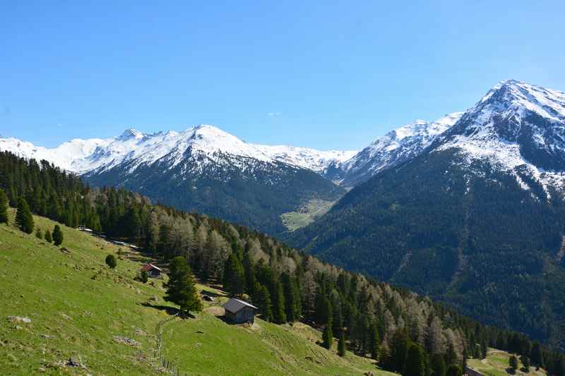 Ausblick von der Poferer Alm im Frühling auf die noch verschneiten Tuxer Alpen