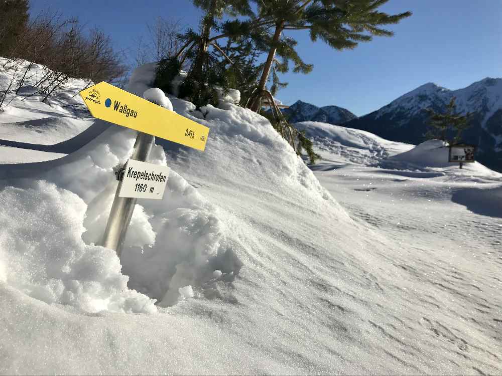 Wenn soviel Schnee am Krepelschrofen liegt, lohnt sich das Schneeschuhwandern auf dem Steig!