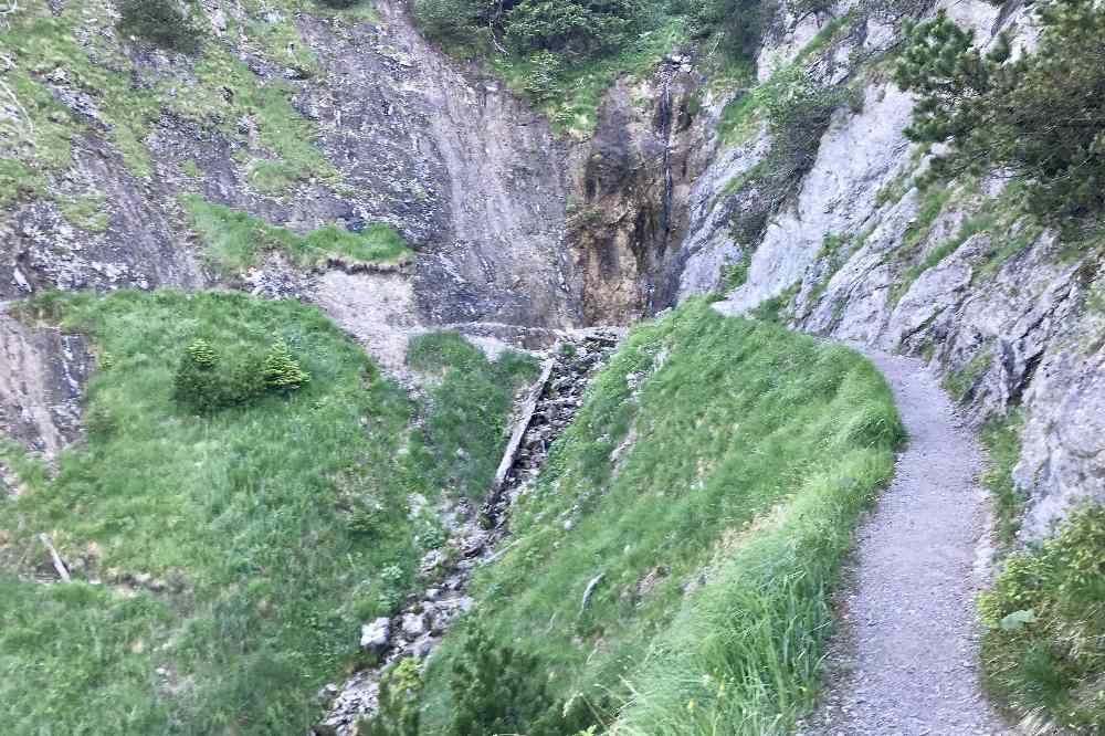 Auf dem schmalen Wandersteig führt die Herzogstand Wanderung hinauf - hier die einzige Möglichkeit die Trinkflasche zu füllen!