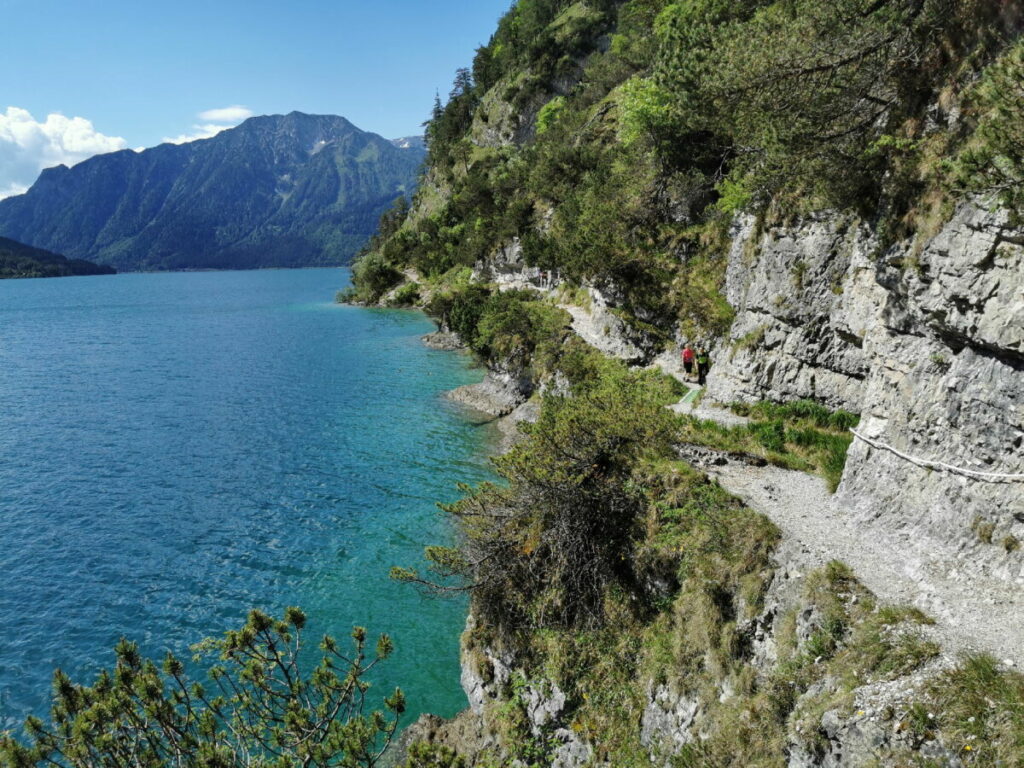 Der Blick in die anderen Richtung: Rechts der Mariensteig am Achensee, links der Bärenkopf im Karwendel