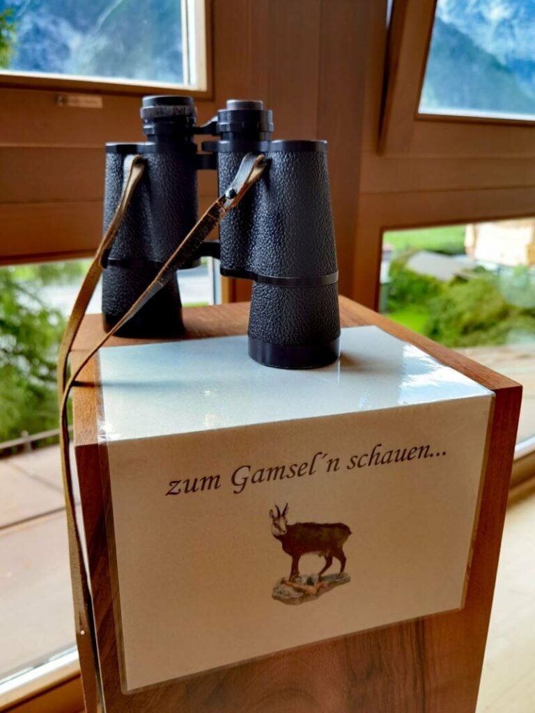 Witziges Detail im Leutascherhof - das Fernglas für die Beobachtng der Gämsen, die du vom Wellnessbereich sehen kannst