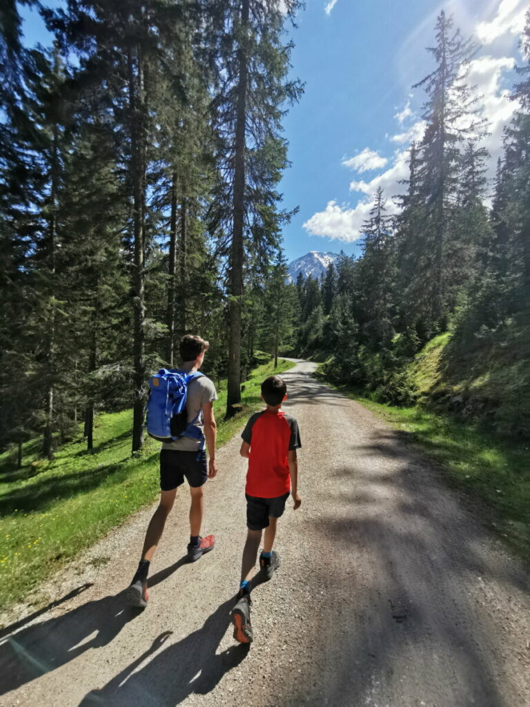 Richtung Wettersteinhütte wandern mit Kindern - kurz folgen wir der Forststraße